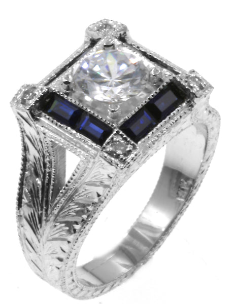 Customized Ring with Engravings and Blue Sapphire